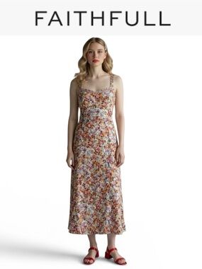 FAITHFULL THE BRAND NOEMIE MIDI DRESS IN TURNESOL FLORAL PRINT RUFFLE STRAP US 4